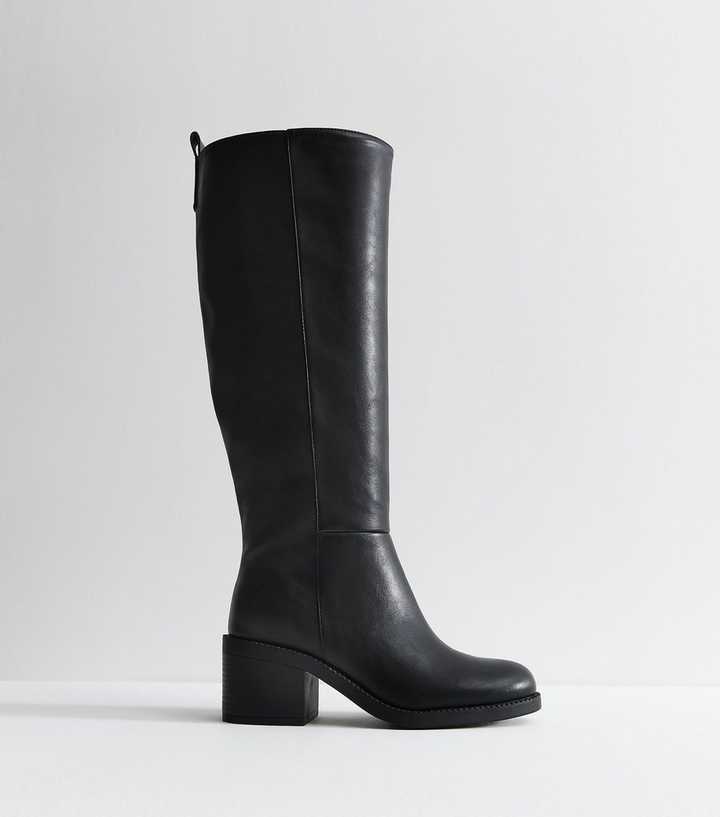 Black Panelled Faux Leather Knee High Boots