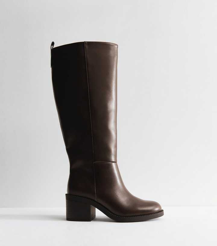 Dark Brown Faux Leather Heeled Knee High Boots