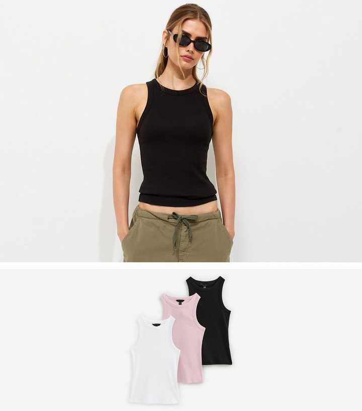 Pack of 3 Black, White and Pink Cotton Rich Racer Vest Tops