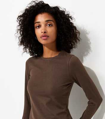 Dark Brown Cotton Rich Crew Neck Long Sleeve T-Shirt