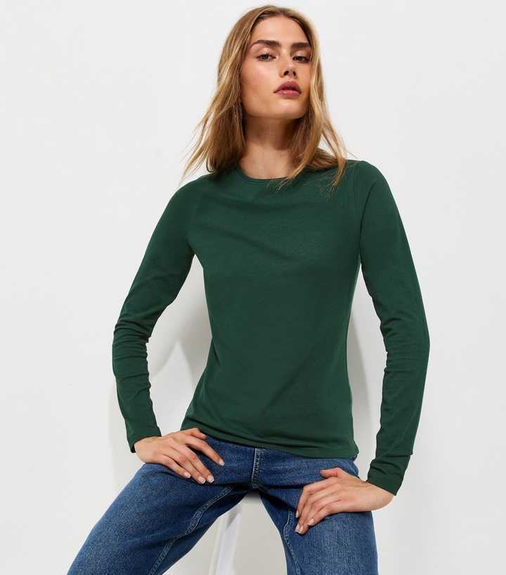 Dark Green Cotton Rich Crew Neck Long Sleeve T-Shirt