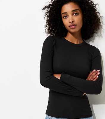 Black Cotton Rich Ribbed Crew Neck Long Sleeve Top