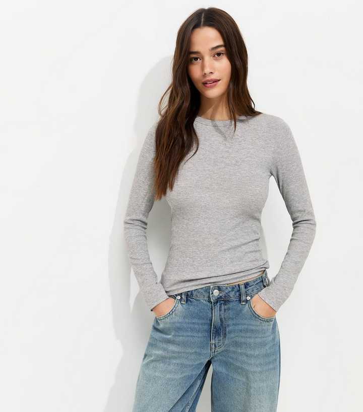 Grey Marl Cotton Rich Ribbed Crew Neck Long Sleeve Top