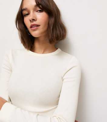 Cream Cotton Rich Ribbed Crew Neck Long Sleeve Top