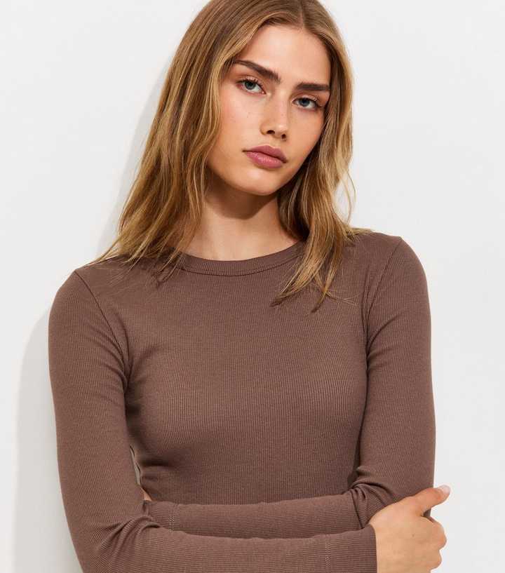 Dark Brown Cotton Rich Ribbed Crew Neck Long Sleeve Top