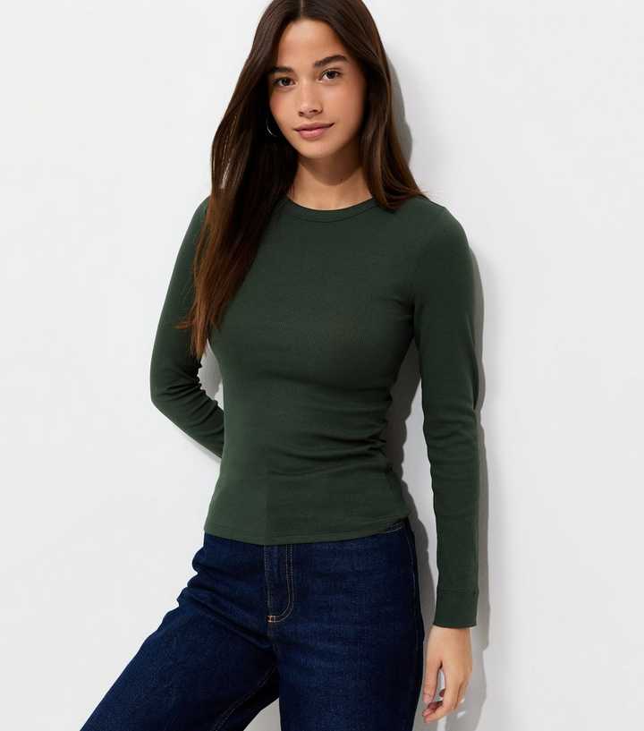 Dark Green Cotton Rich Ribbed Crew Neck Long Sleeve Top