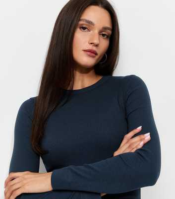 Navy Cotton Rich Ribbed Crew Neck Long Sleeve Top