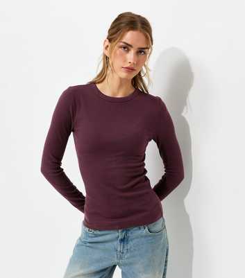 Dark Burgundy Cotton Rich Ribbed Crew Neck Long Sleeve Top