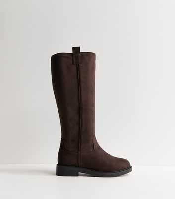 Wide Fit Dark Brown Faux Suede Flat Riding Boots
