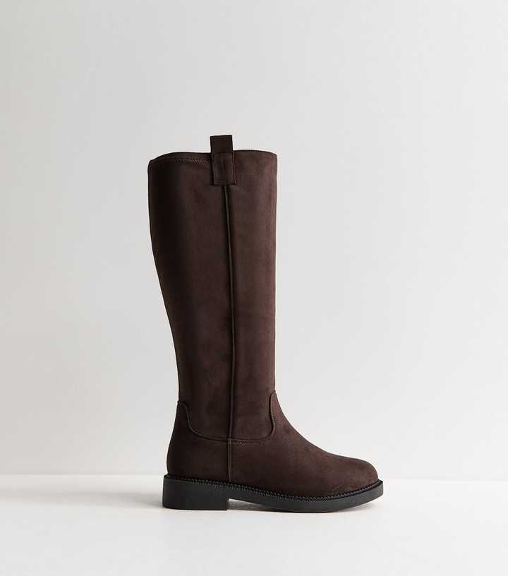 Wide Fit Dark Brown Faux Suede Flat Riding Boots