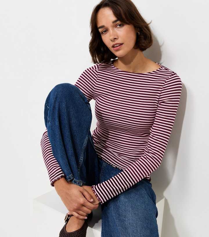 Burgundy Cotton Rich Striped Babylock Long Sleeve Top