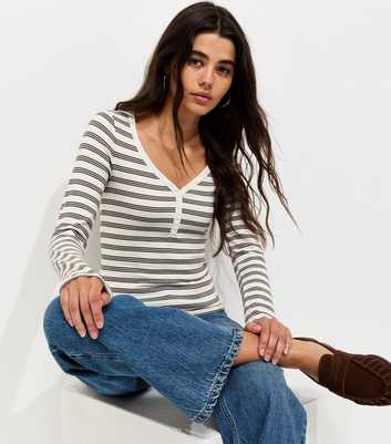 Cream Cotton Rich Striped Long Sleeve Henley Top