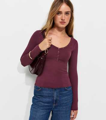 Dark Burgundy Cotton Rich Long Sleeve Henley Top