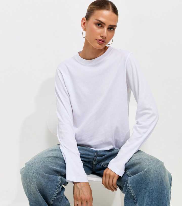 White Cotton Relaxed Crew Neck Long Sleeve Top
