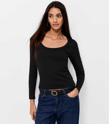Black Cotton Rich Long Sleeve Ribbed Scoop Neck Top