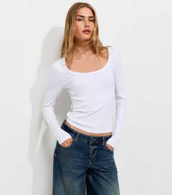 White Cotton Rich Long Sleeve Ribbed Scoop Neck Top