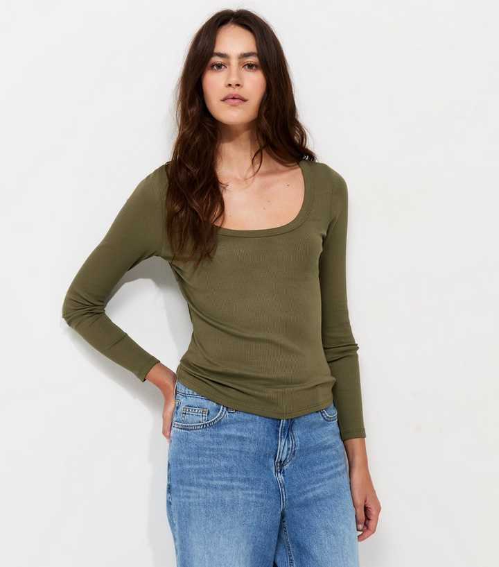 Dark Khaki Cotton Rich Long Sleeve Ribbed Scoop Neck Top