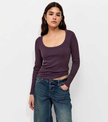 Dark Purple Cotton Rich Long Sleeve Ribbed Scoop Neck Top