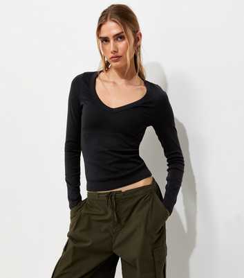Black Cotton Rich V-Neck Long Sleeve Top