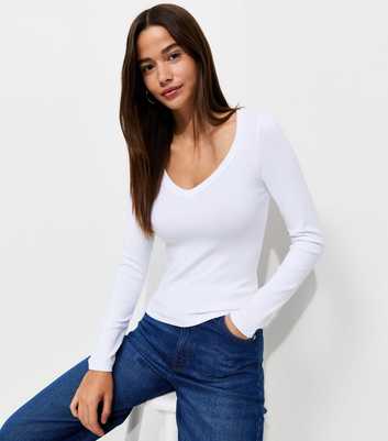 White Cotton Rich V-Neck Long Sleeve Top
