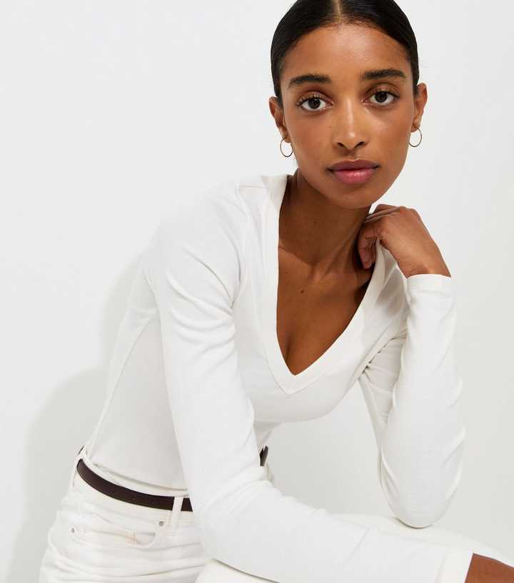 Cream Cotton Rich V-Neck Long Sleeve Top