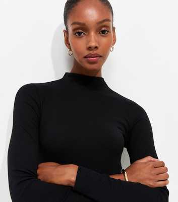 Black Cotton Rich Ribbed Stand Neck Long Sleeve Top