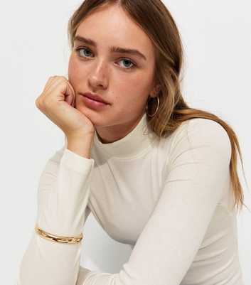 Cream Cotton Rich Ribbed Stand Neck Long Sleeve Top