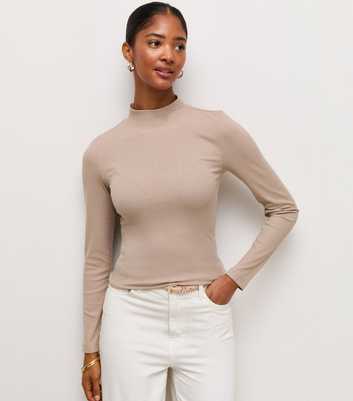 Mink Cotton Rich Ribbed Stand Neck Long Sleeve Top