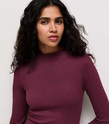 Dark Purple Cotton Rich Ribbed Stand Neck Long Sleeve Top