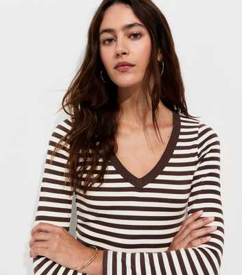 Brown Cotton Rich Striped Long Sleeve V-Neck Top