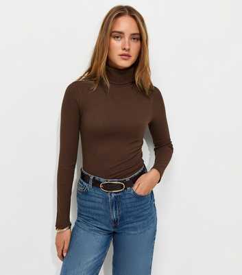 Dark Brown Cotton Rich Ribbed Roll Neck Top