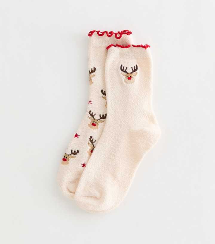 Pack of 2 Cream Cosy Knit Christmas Reindeer Embroidered Frill Socks