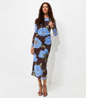 Blue Mesh Floral Ruched Long Sleeve Midi Dress