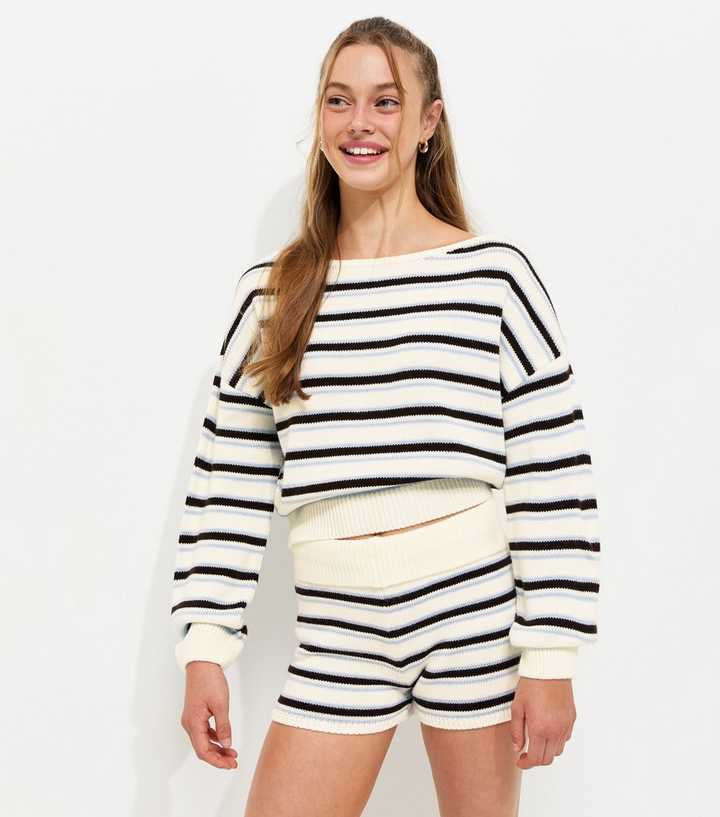 Girls White Knitted Striped Shorts