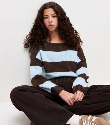 Girls Blue Striped Slash Neck Jumper
