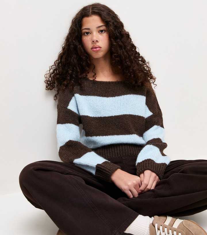 Girls Blue Striped Slash Neck Jumper