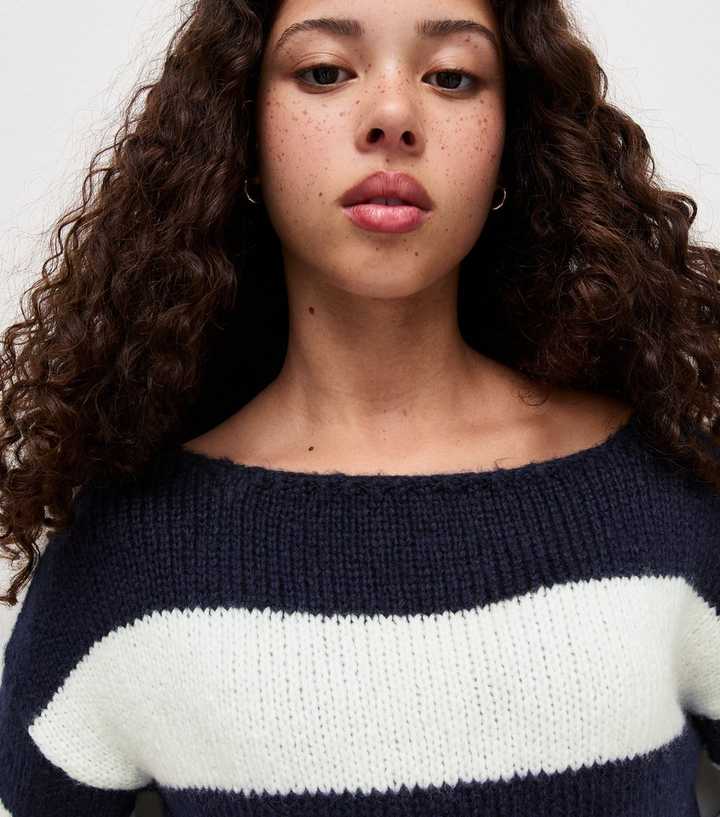 Girls Navy Striped Slash Neck Jumper