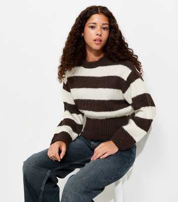 Girls Brown Striped Cinched Waist Knitted Jumper