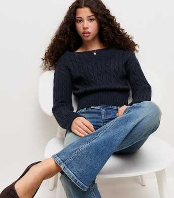 Girls Navy Cable Knit Cinched Waist Jumper