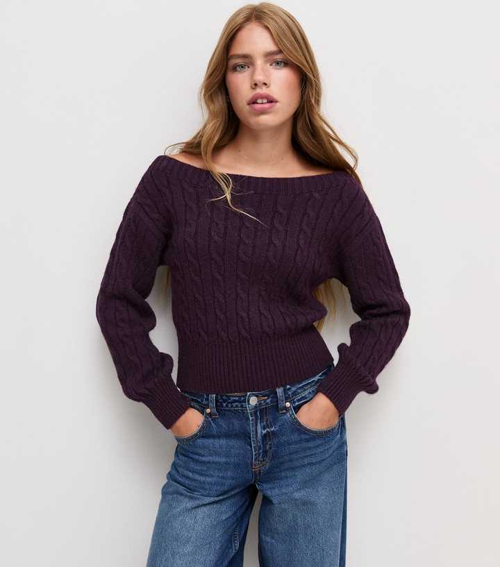 Girls Dark Purple Cable Knit Cinched Waist Jumper