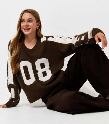 Girls Brown V-Neck 08 Contrast Stripe Football Jumper