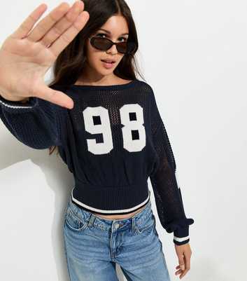 Girls Navy 98 Star Open Knit Jumper
