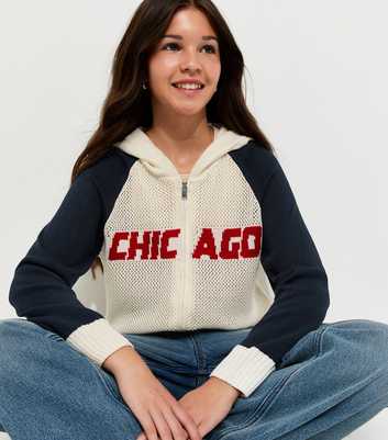 Girls Navy Chicago Open Knit Zip Through Hoodie