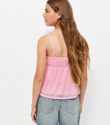 Girls Light Pink Sequin Mesh Babydoll Cami Top | New Look