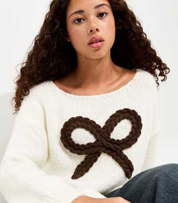 Girls Off White Plaited Bow Knitted Jumper