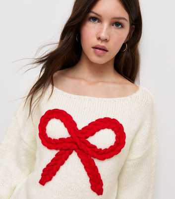 Girls Cream Plaited Bow Knitted Jumper