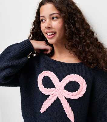 Girls Navy Plaited Bow Knitted Jumper