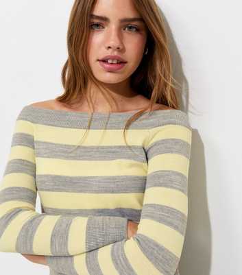 Girls Grey Striped Knitted Bardot Top