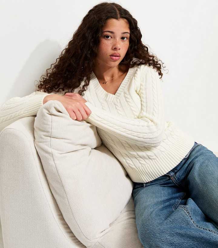 Girls Off White Cable Knit V-Neck Jumper