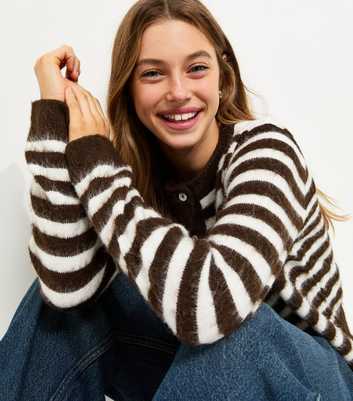 Girls Brown Brushed Knit Striped Cardigan